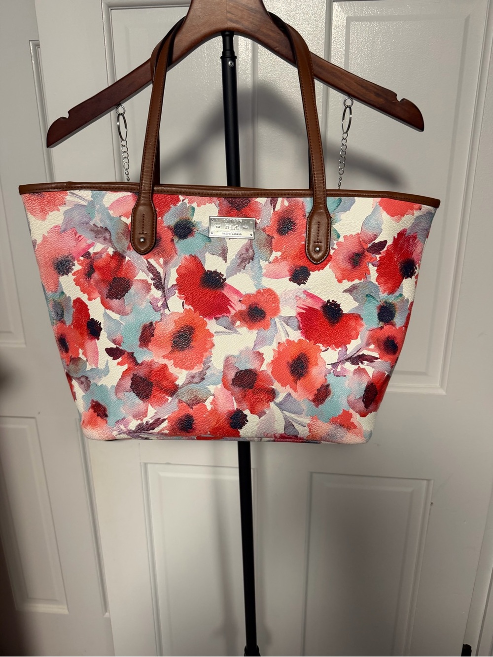 Lauren Ralph Lauren Floral Canvas Tote in Red, Coral & Blue with Brown Trim